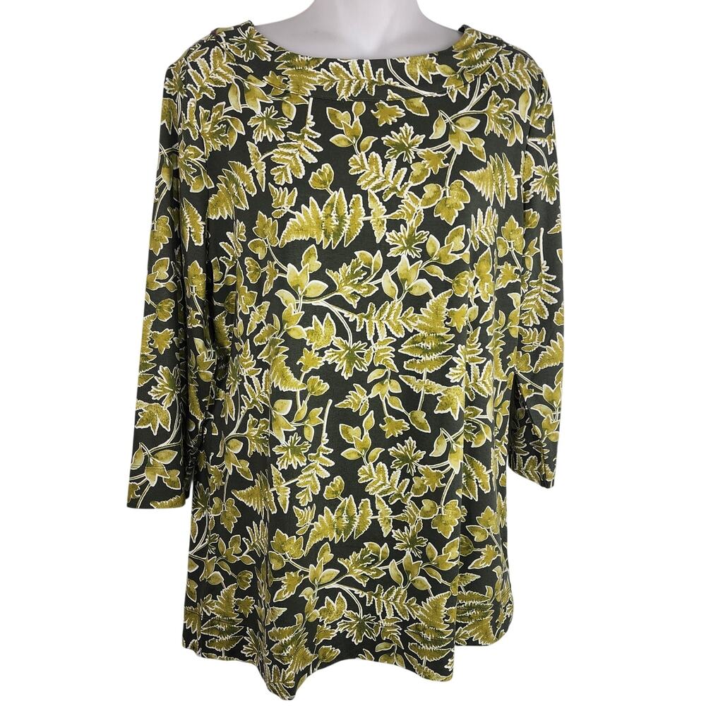 Denim & Co Womens Printed So Soft Jersey 3/4 Sleeve Boat Neck Top Dark Olive S